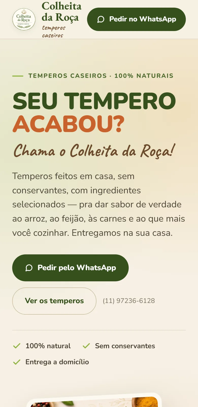 Site da Colheita da Roça aberto no celular